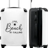 NoBoringSuitcases.com® Koffer Groot - Tekst - Strand - The Beach Is Calling - Zwart Wit - Vakantie - Trolley Koffer Met TSA-slot - Met Wielen - 90 Liter - Reiskoffer - 66 Cm