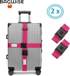 2 X Kofferriem - Bagage Band - Luggage Belt - Bagage Gordel - Met SlideLock En Adreslabel - Afstelbaar - 200cm X 5cm - Roze