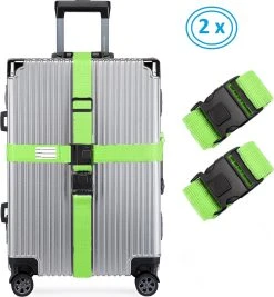 2 X Kofferriem - Bagage Band - Luggage Belt - Bagage Gordel - Met SlideLock En Adreslabel - Afstelbaar - 200cm X 5 Cm - Groen