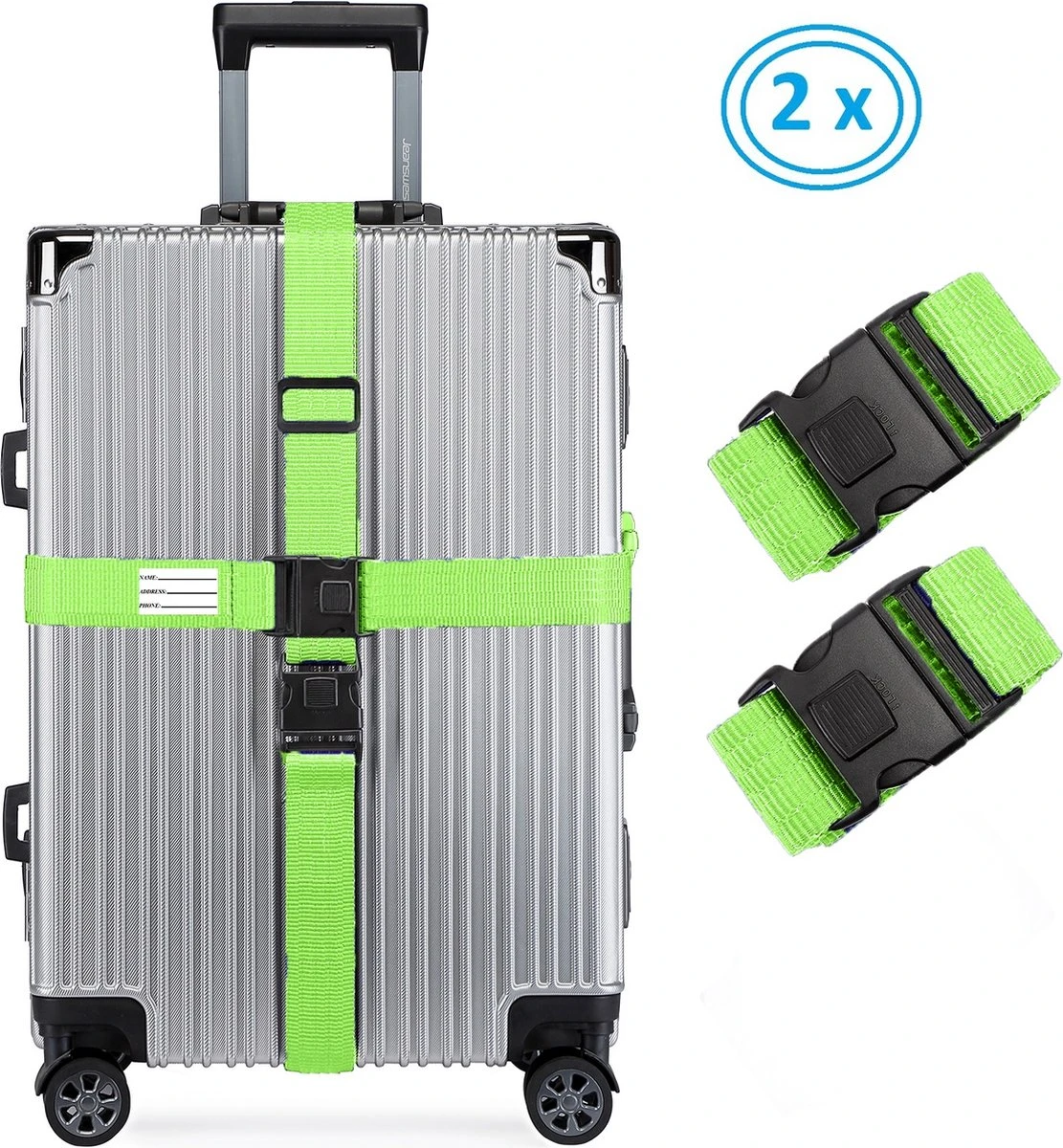 2 X Kofferriem - Bagage Band - Luggage Belt - Bagage Gordel - Met SlideLock En Adreslabel - Afstelbaar - 200cm X 5 Cm - Groen 1 2 X Kofferriem - Bagage Band - Luggage Belt - Bagage Gordel - Met SlideLock En Adreslabel - Afstelbaar - 200cm X 5 Cm - Groen