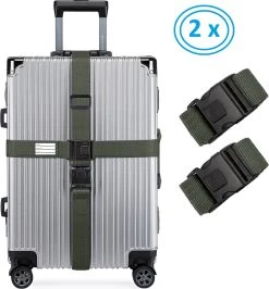 2 X Kofferriem - Bagage Band - Luggage Belt - Bagage Gordel - Met SlideLock En Adreslabel - Afstelbaar - 200cm X 5 Cm - Khaki