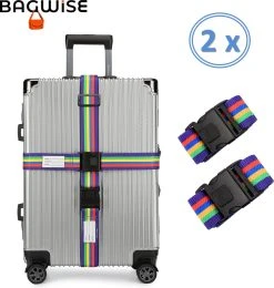 2 X Kofferriem - Bagage Band - Luggage Belt - Bagage Gordel - Met SlideLock En Adreslabel - Afstelbaar - 200 Cm X 5 Cm - Rainbow