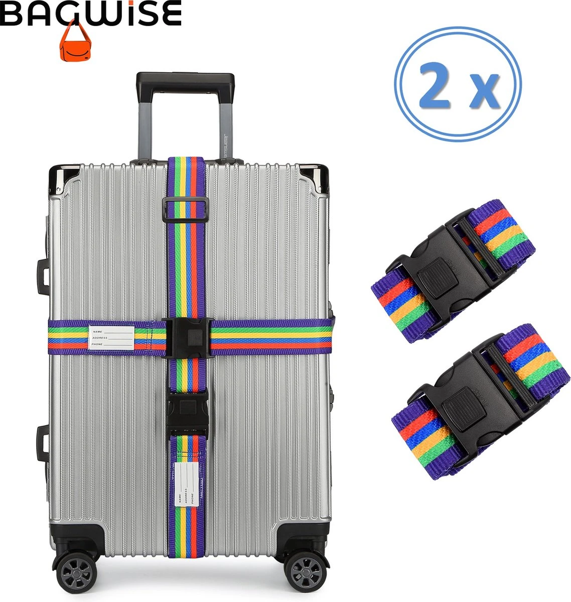 2 X Kofferriem - Bagage Band - Luggage Belt - Bagage Gordel - Met SlideLock En Adreslabel - Afstelbaar - 200 Cm X 5 Cm - Rainbow 1 2 X Kofferriem - Bagage Band - Luggage Belt - Bagage Gordel - Met SlideLock En Adreslabel - Afstelbaar - 200 Cm X 5 Cm - Rainbow