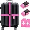 BOTC Kofferriem - 4 Stuks - 2 Bagagebanden + 2 Bagagelabels - 188 Cm * 5 Cm - Bagage Riem - Bagageband - Verstelbaar - Roze