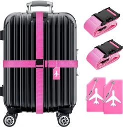BOTC Kofferriem - 4 Stuks - 2 Bagagebanden + 2 Bagagelabels - 188 Cm * 5 Cm - Bagage Riem - Bagageband - Verstelbaar - Roze