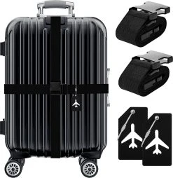 BOTC Kofferriem - 4 Stuks - 2 Bagagebanden + 2 Bagagelabels - 188 Cm * 5 Cm - Bagage Riem - Bagageband - Verstelbaar - Zwart