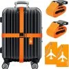 BOTC Kofferriem - 4 Stuks - 2 Bagagebanden + 2 Bagagelabels - 188 Cm * 5 Cm - Bagage Riem - Bagageband - Verstelbaar - Oranje