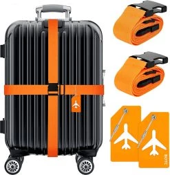 BOTC Kofferriem - 4 Stuks - 2 Bagagebanden + 2 Bagagelabels - 188 Cm * 5 Cm - Bagage Riem - Bagageband - Verstelbaar - Oranje