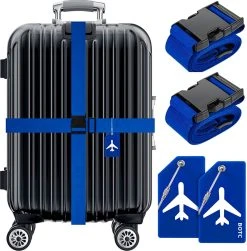 BOTC Kofferriem - 4 Stuks - 2 Bagagebanden + 2 Bagagelabels - 188 Cm * 5 Cm - Bagage Riem - Bagageband - Verstelbaar - Blauw