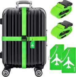 BOTC Kofferriem - 4 Stuks - 2 Bagagebanden + 2 Bagagelabels - 188 Cm * 5 Cm - Bagage Riem - Bagageband - Verstelbaar - Groen