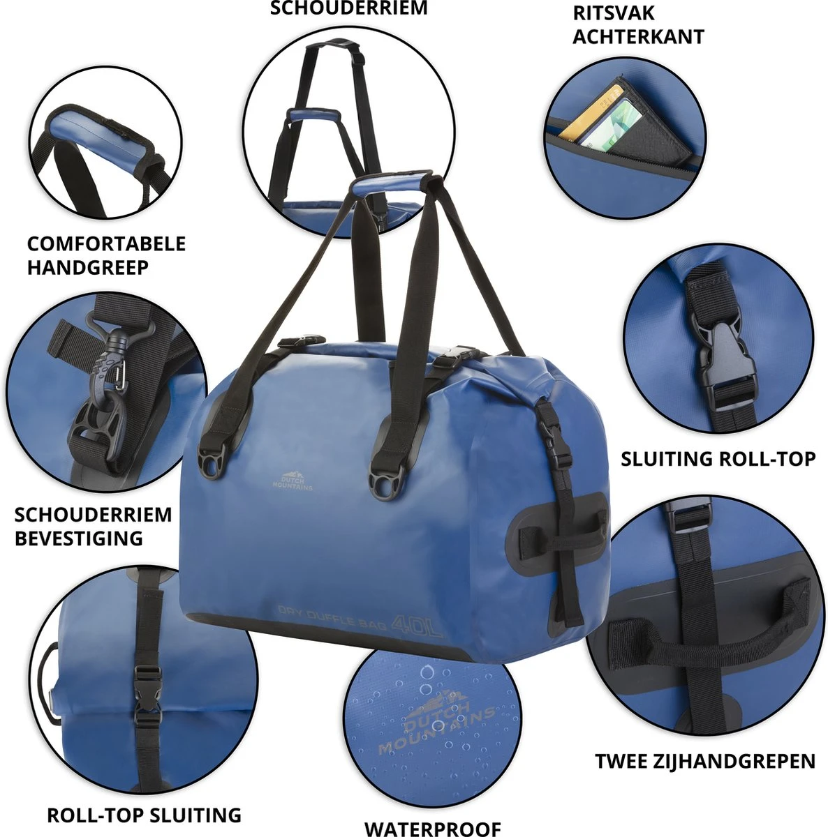 Dutch Mountains Reistas 40ltr – Waterdichte Duffelbag – Sporttas – Travelbag - Roll-top Sluiting – Blauw 3 Dutch Mountains Reistas 40ltr – Waterdichte Duffelbag – Sporttas – Travelbag - Roll-top Sluiting – Blauw - Afbeelding 3