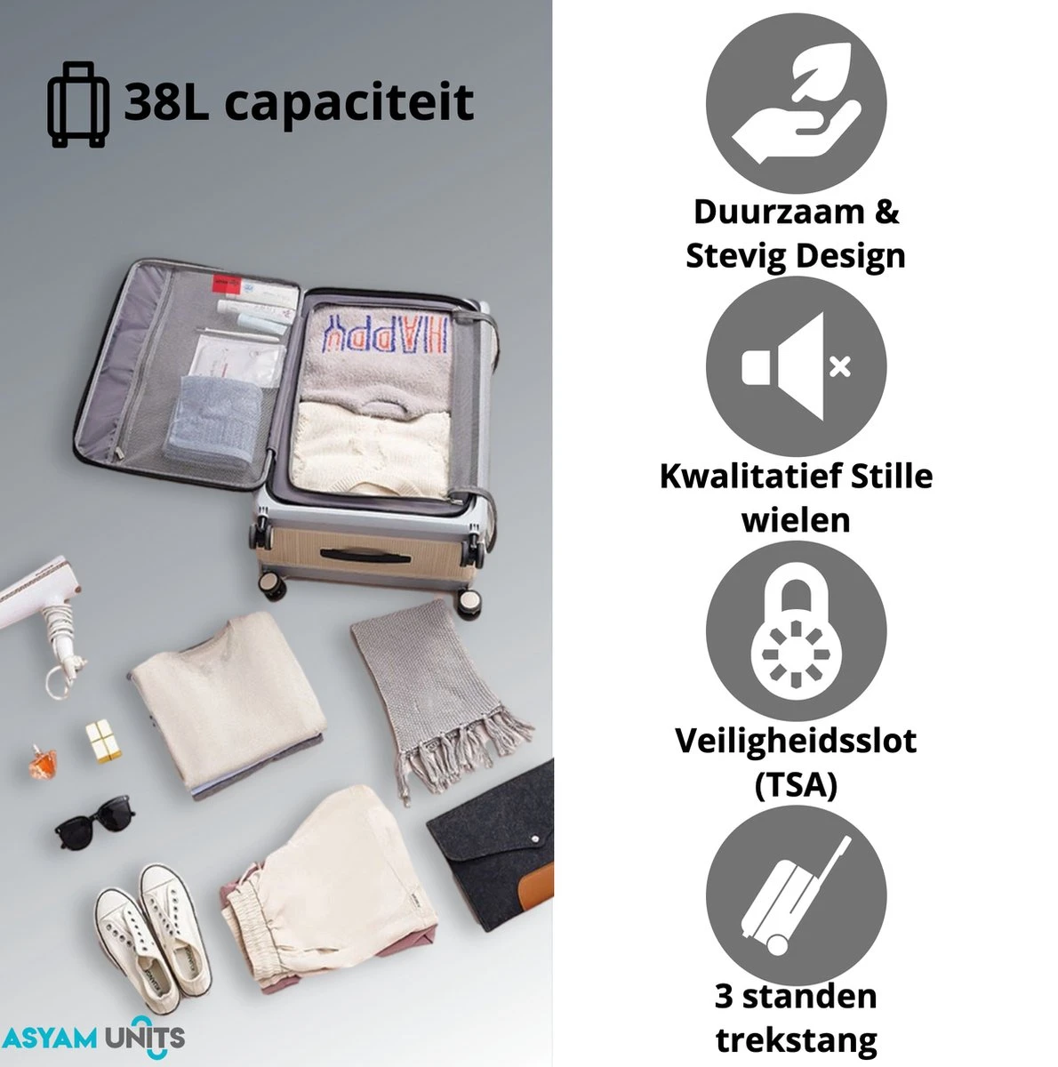 Asyam Units- Handbagage- Invouwbaar- Koffer- Koffer 38L- Spinner Wielen- TSA Slot- Lichtgewicht- Zwart 5 Asyam Units- Handbagage- Invouwbaar- Koffer- Koffer 38L- Spinner Wielen- TSA Slot- Lichtgewicht- Zwart - Afbeelding 5
