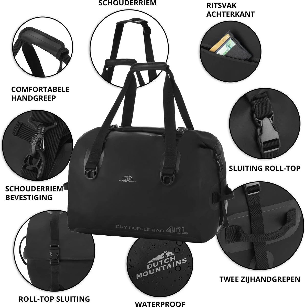 Dutch Mountains Reistas 40ltr – Waterdichte Duffelbag – Sporttas – Travelbag - Roll-top Sluiting – Zwart 3 Dutch Mountains Reistas 40ltr – Waterdichte Duffelbag – Sporttas – Travelbag - Roll-top Sluiting – Zwart - Afbeelding 3