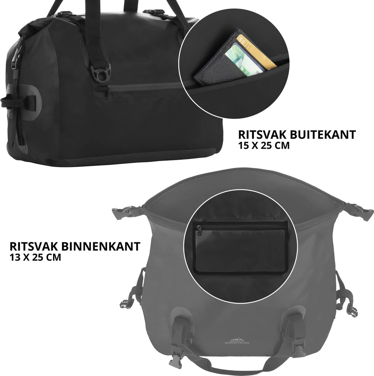 Dutch Mountains Reistas 40ltr – Waterdichte Duffelbag – Sporttas – Travelbag - Roll-top Sluiting – Zwart 8 Dutch Mountains Reistas 40ltr – Waterdichte Duffelbag – Sporttas – Travelbag - Roll-top Sluiting – Zwart - Afbeelding 8