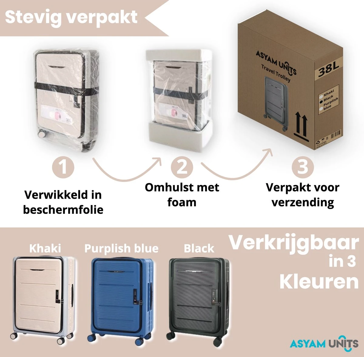 Asyam Units- Handbagage- Invouwbaar- Koffer- Koffer 38L- Spinner Wielen- TSA Slot- Lichtgewicht- Khaki 5 Asyam Units- Handbagage- Invouwbaar- Koffer- Koffer 38L- Spinner Wielen- TSA Slot- Lichtgewicht- Khaki - Afbeelding 5