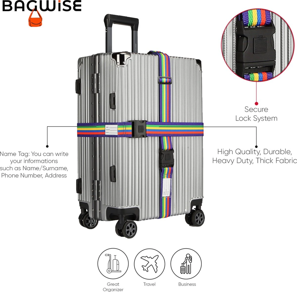 2 X Kofferriem - Bagage Band - Luggage Belt - Bagage Gordel - Met SlideLock En Adreslabel - Afstelbaar - 200 Cm X 5 Cm - Rainbow 2 2 X Kofferriem - Bagage Band - Luggage Belt - Bagage Gordel - Met SlideLock En Adreslabel - Afstelbaar - 200 Cm X 5 Cm - Rainbow - Afbeelding 2