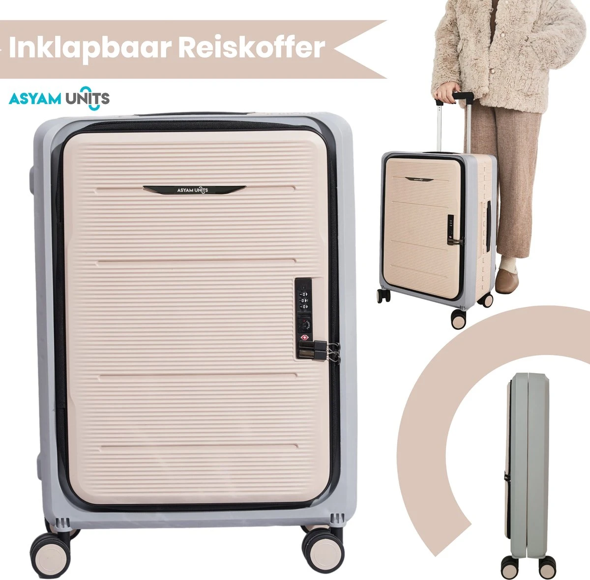 Asyam Units- Handbagage- Invouwbaar- Koffer- Koffer 38L- Spinner Wielen- TSA Slot- Lichtgewicht- Khaki 1 Asyam Units- Handbagage- Invouwbaar- Koffer- Koffer 38L- Spinner Wielen- TSA Slot- Lichtgewicht- Khaki