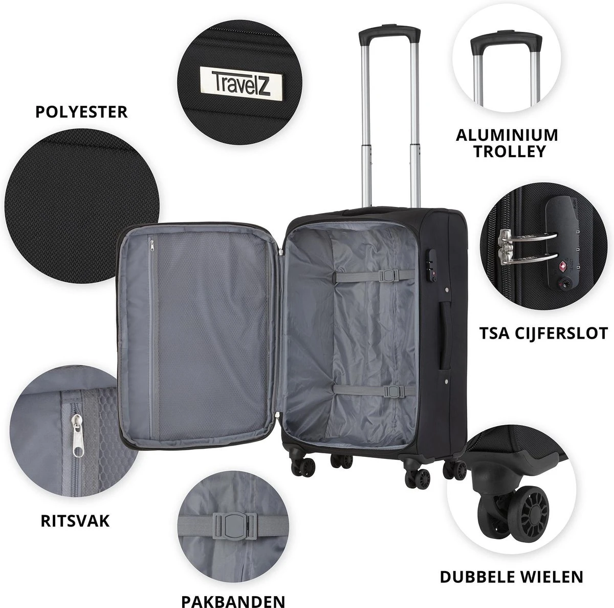 TravelZ Softspinner TSA Handbagagekoffer 55cm - Zachte Reiskoffer Dubbele Wielen – Zwart 3 TravelZ Softspinner TSA Handbagagekoffer 55cm - Zachte Reiskoffer Dubbele Wielen – Zwart - Afbeelding 3