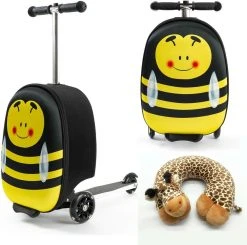 Rolkoffer Trolley Voor Kinderen | Geel | Trolley | Tas Kind | Bagagekoffer | Step Jongen | Vliegtuig Nekkussen | Step Met 3 Wielen | FDBW | Koffer Handbagage - 50 Kilo - Bouncy Box 40x20x25 Cm + Nekkussen Vliegtuig