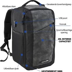 CabinMax Manhatten XL – Handbagage 20L – Rugzak Met USB Poort– Schooltas - 40x20x25 Cm – Compact Reistas – Lichtgewicht – Grijs/Zwart -Bagage En Reistassen 1200x1189 7
