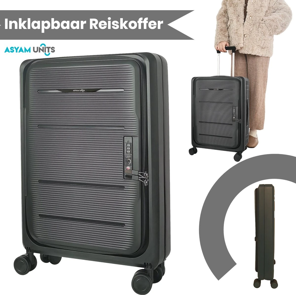 Asyam Units- Handbagage- Invouwbaar- Koffer- Koffer 38L- Spinner Wielen- TSA Slot- Lichtgewicht- Zwart 1 Asyam Units- Handbagage- Invouwbaar- Koffer- Koffer 38L- Spinner Wielen- TSA Slot- Lichtgewicht- Zwart