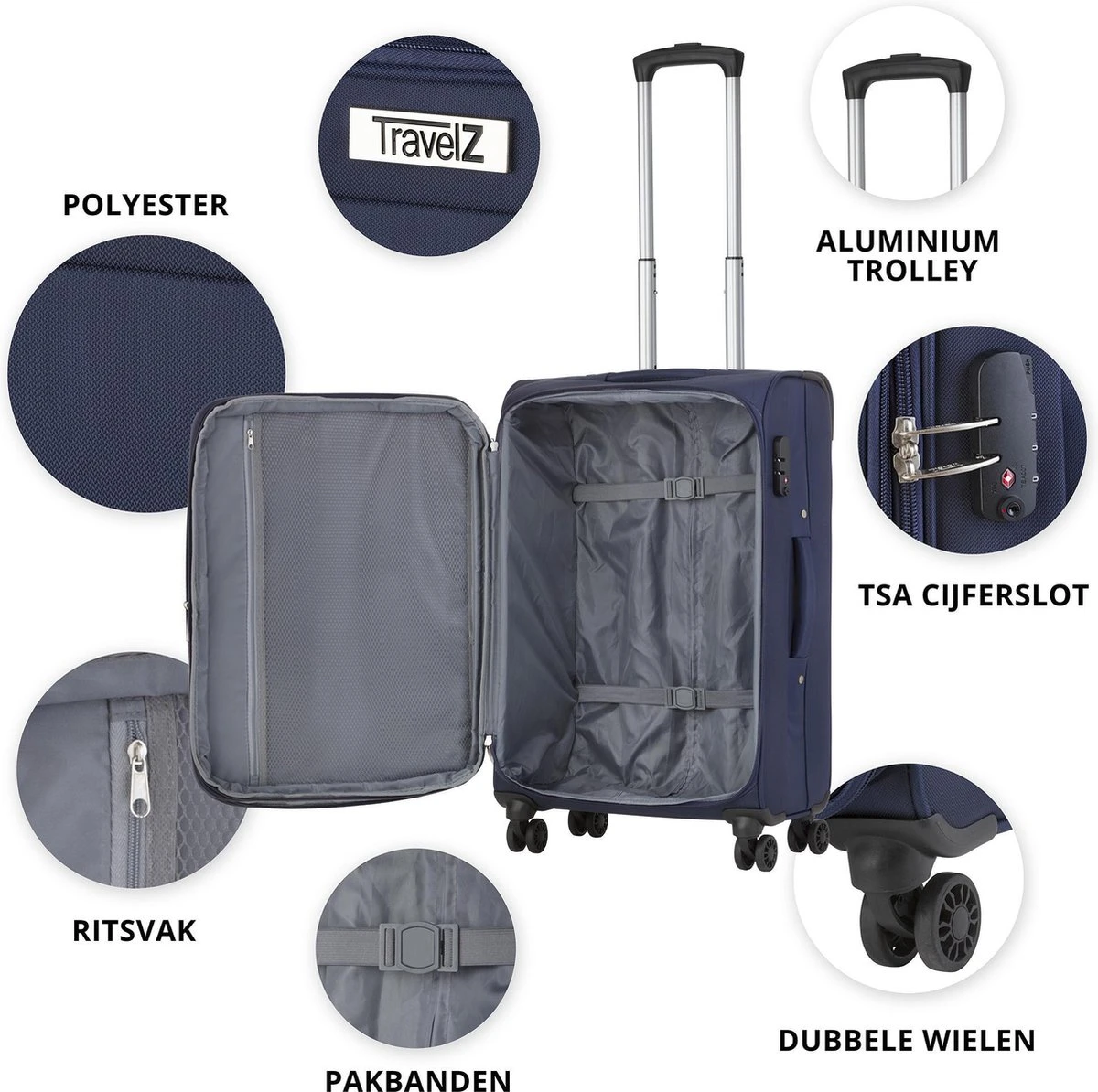 TravelZ Softspinner TSA Handbagagekoffer 55cm - Zachte Reiskoffer Dubbele Wielen – Blauw 3 TravelZ Softspinner TSA Handbagagekoffer 55cm - Zachte Reiskoffer Dubbele Wielen – Blauw - Afbeelding 3