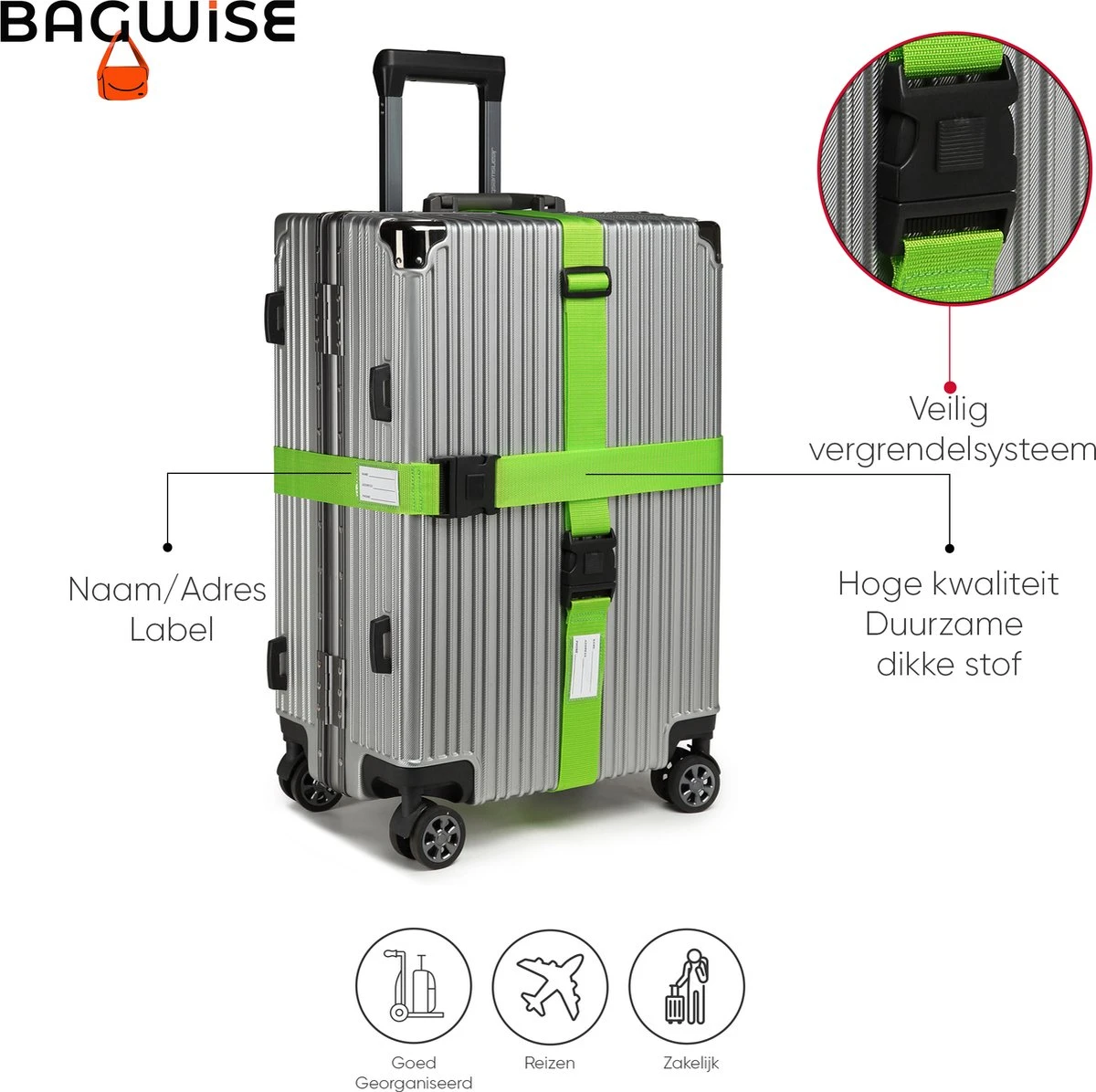 2 X Kofferriem - Bagage Band - Luggage Belt - Bagage Gordel - Met SlideLock En Adreslabel - Afstelbaar - 200cm X 5 Cm - Groen 3 2 X Kofferriem - Bagage Band - Luggage Belt - Bagage Gordel - Met SlideLock En Adreslabel - Afstelbaar - 200cm X 5 Cm - Groen - Afbeelding 3