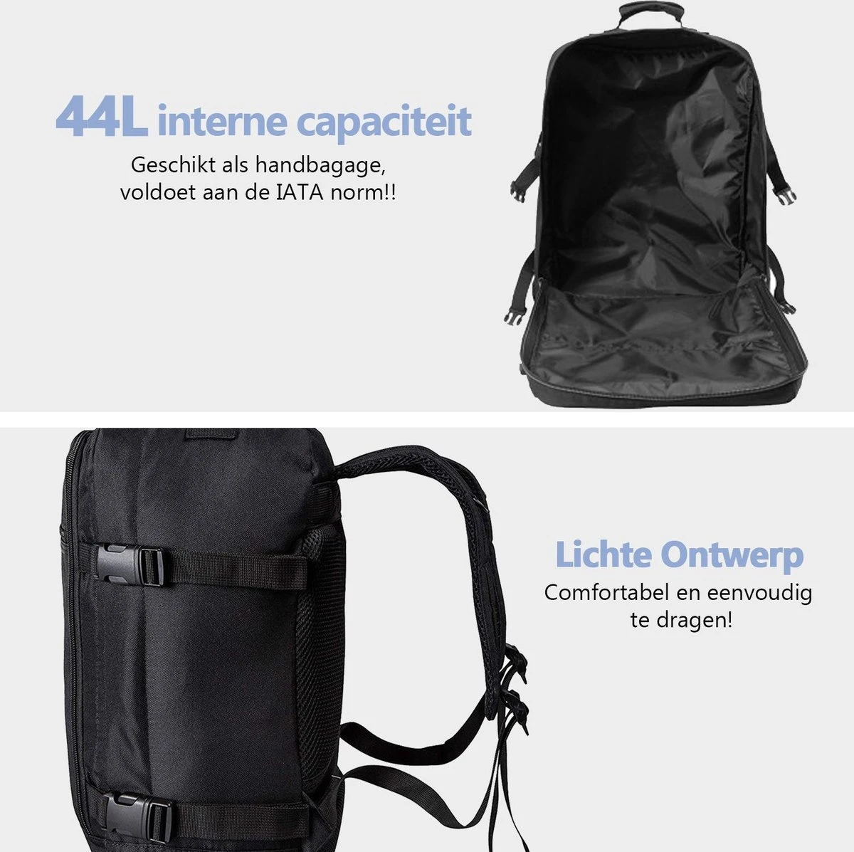 CabinMax Metz Reistas– Handbagage 44L- Rugzak – Schooltas - Backpack 55x40x20cm – Lichtgewicht - Zwart (MZ BK) 6 CabinMax Metz Reistas– Handbagage 44L- Rugzak – Schooltas - Backpack 55x40x20cm – Lichtgewicht - Zwart (MZ BK) - Afbeelding 6