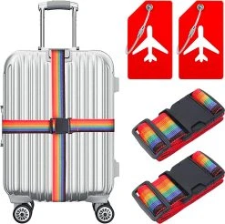 YONO Kofferriem Met Kofferlabel - 2 Kofferband En 2 Bagagelabel - Dubbele Bagage Riem Verstelbaar - 4 Pack - Regenboog