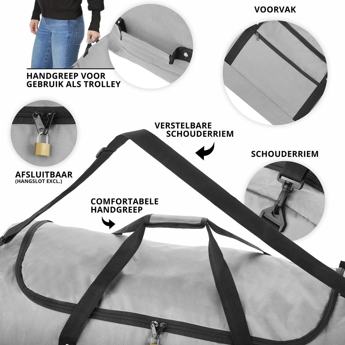 TravelZ Opvouwbare Wieltas | Reistas Op Wielen | 100 Liter | Verbeterd 2022 Model | Grijs 4 TravelZ Opvouwbare Wieltas | Reistas Op Wielen | 100 Liter | Verbeterd 2022 Model | Grijs - Afbeelding 4