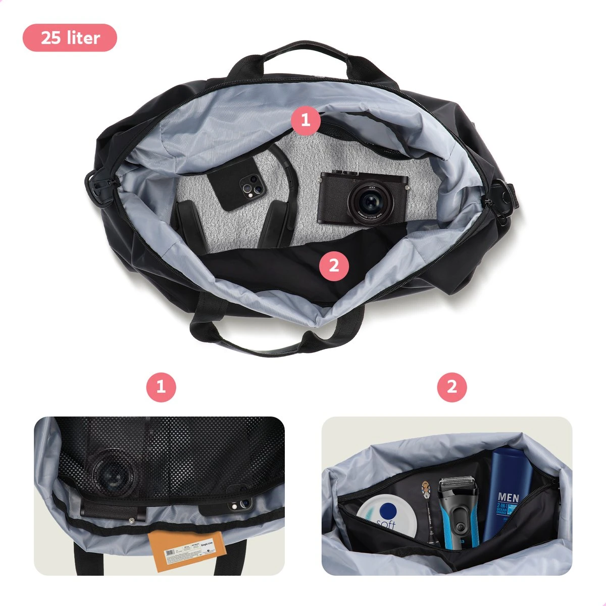 ONYX® Reistas 25L - Lichtgewicht Weekendtas - Sporttas - Waterafstotend En Duurzaam - Zwart 3 ONYX® Reistas 25L - Lichtgewicht Weekendtas - Sporttas - Waterafstotend En Duurzaam - Zwart - Afbeelding 3