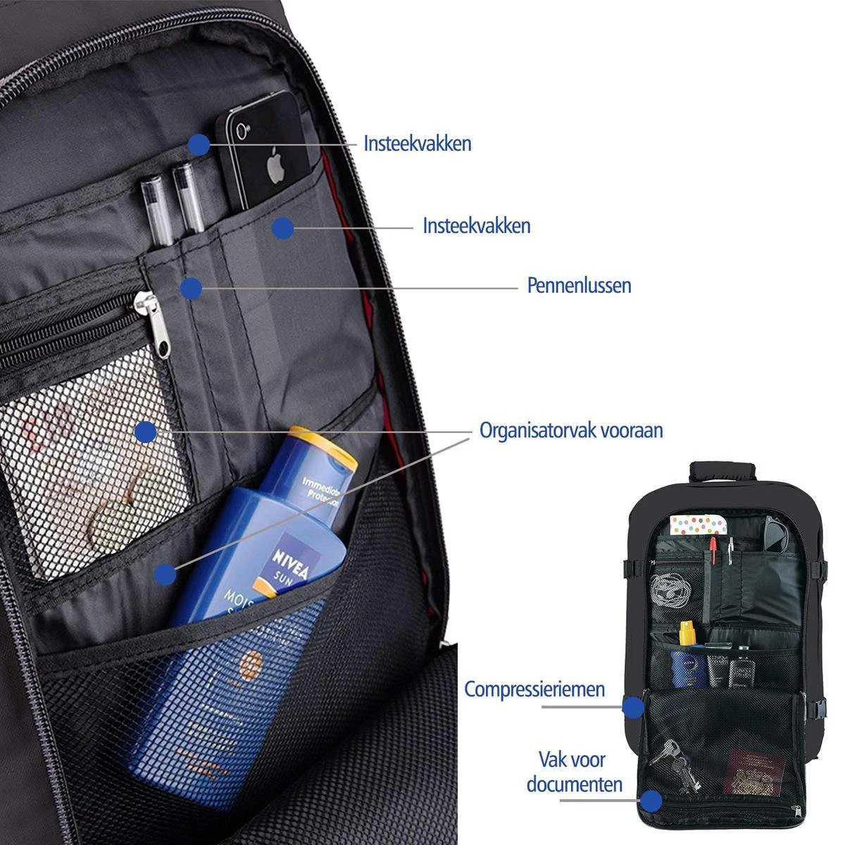 CabinMax Metz Reistas– Handbagage 44L- Rugzak – Schooltas - Backpack 55x40x20cm – Lichtgewicht - Zwart (MZ BK) 2 CabinMax Metz Reistas– Handbagage 44L- Rugzak – Schooltas - Backpack 55x40x20cm – Lichtgewicht - Zwart (MZ BK) - Afbeelding 2