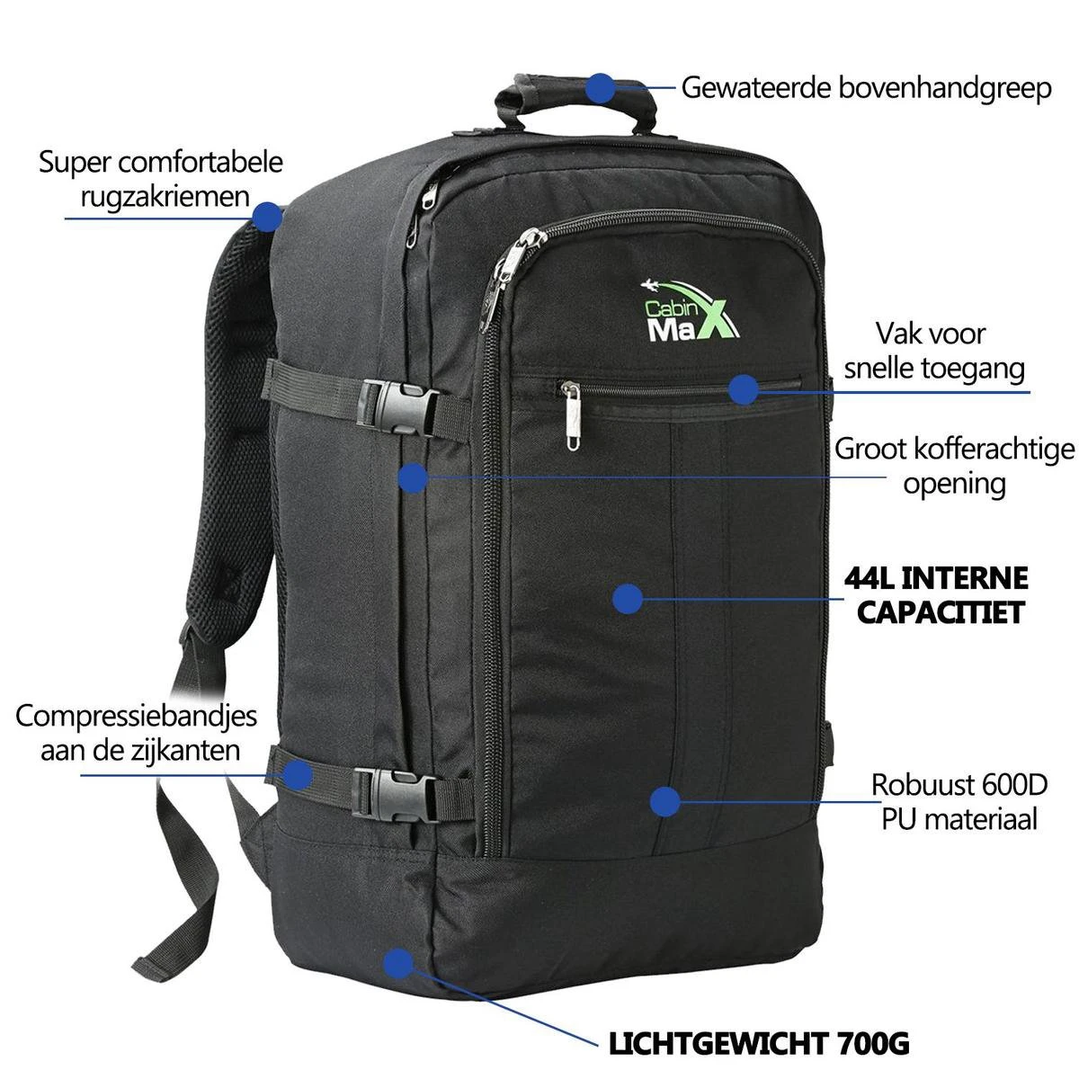 CabinMax Metz Reistas– Handbagage 44L- Rugzak – Schooltas - Backpack 55x40x20cm – Lichtgewicht - Zwart (MZ BK) 3 CabinMax Metz Reistas– Handbagage 44L- Rugzak – Schooltas - Backpack 55x40x20cm – Lichtgewicht - Zwart (MZ BK) - Afbeelding 3
