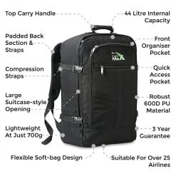 CabinMax Metz Reistas– Handbagage 44L- Rugzak – Schooltas - Backpack 55x40x20cm – Lichtgewicht - Zwart Nocturna (MZ SP-NA) -Bagage En Reistassen 1200x1200 2160