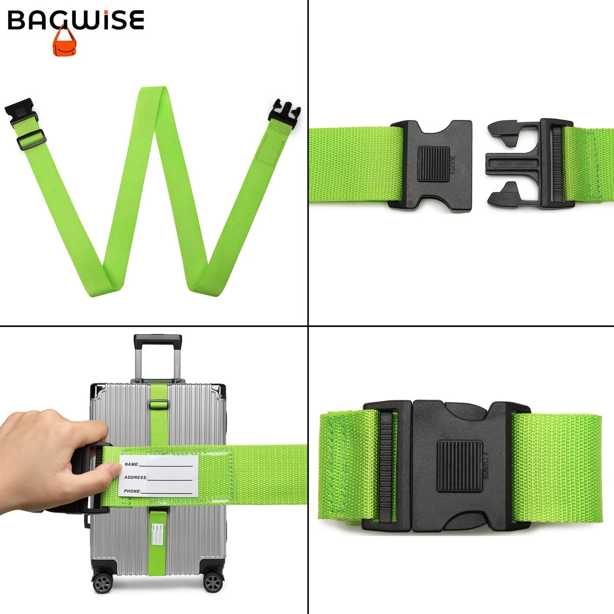 2 X Kofferriem - Bagage Band - Luggage Belt - Bagage Gordel - Met SlideLock En Adreslabel - Afstelbaar - 200cm X 5 Cm - Groen 4 2 X Kofferriem - Bagage Band - Luggage Belt - Bagage Gordel - Met SlideLock En Adreslabel - Afstelbaar - 200cm X 5 Cm - Groen - Afbeelding 4