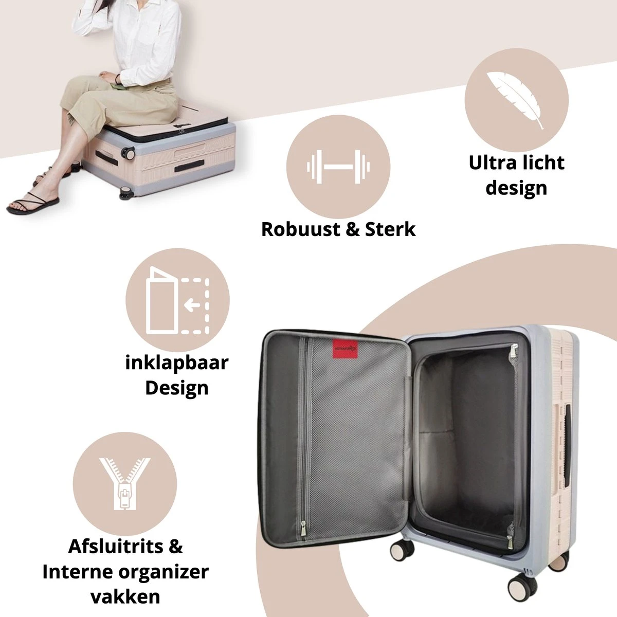 Asyam Units- Handbagage- Invouwbaar- Koffer- Koffer 38L- Spinner Wielen- TSA Slot- Lichtgewicht- Khaki 2 Asyam Units- Handbagage- Invouwbaar- Koffer- Koffer 38L- Spinner Wielen- TSA Slot- Lichtgewicht- Khaki - Afbeelding 2