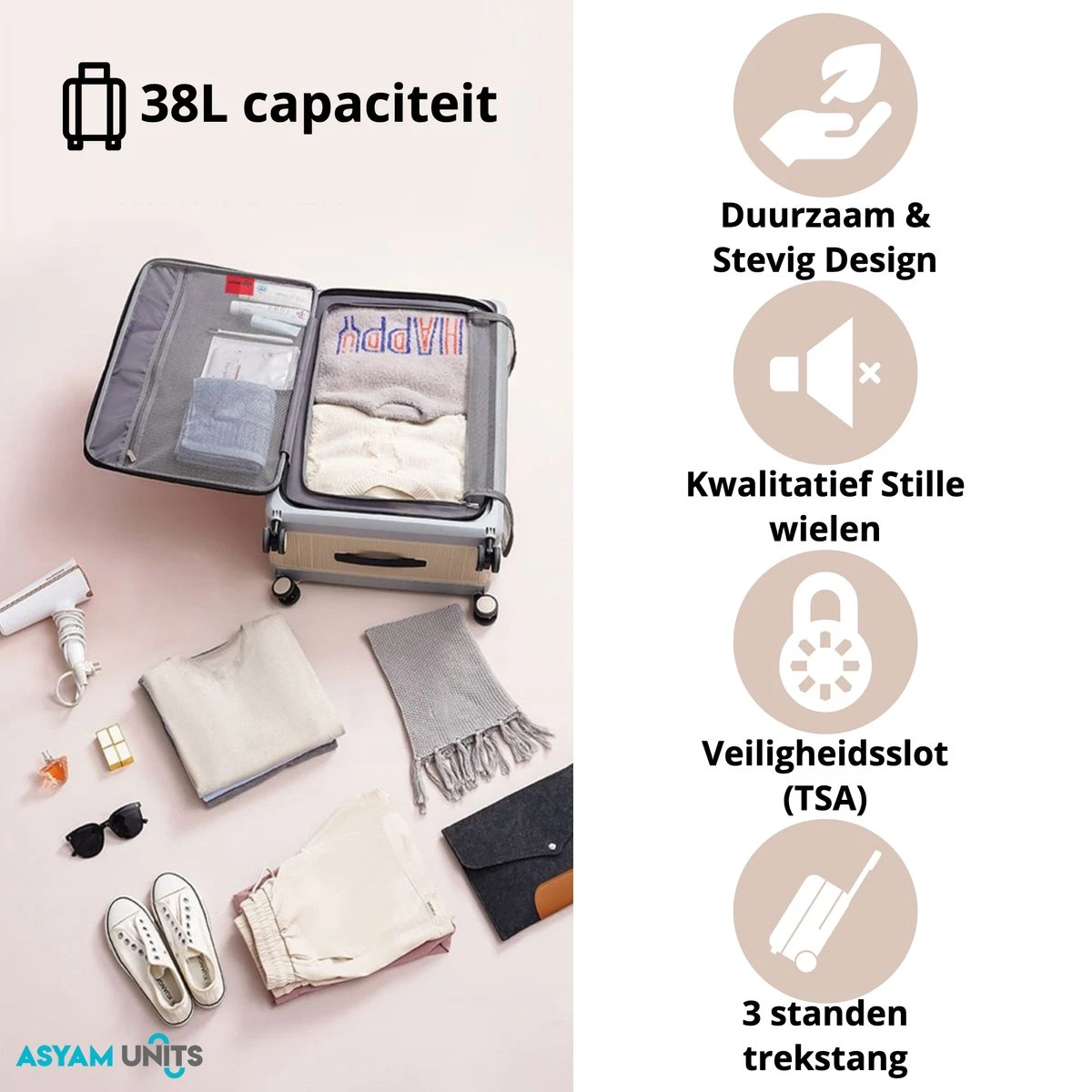 Asyam Units- Handbagage- Invouwbaar- Koffer- Koffer 38L- Spinner Wielen- TSA Slot- Lichtgewicht- Khaki 3 Asyam Units- Handbagage- Invouwbaar- Koffer- Koffer 38L- Spinner Wielen- TSA Slot- Lichtgewicht- Khaki - Afbeelding 3