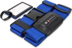 Navaris Kofferriem Met TSA Cijferslot En Adreslabel - Bagageriem - Kofferband - Luggagestrap - Blauw - Aanpasbaar Tot 400 Cm