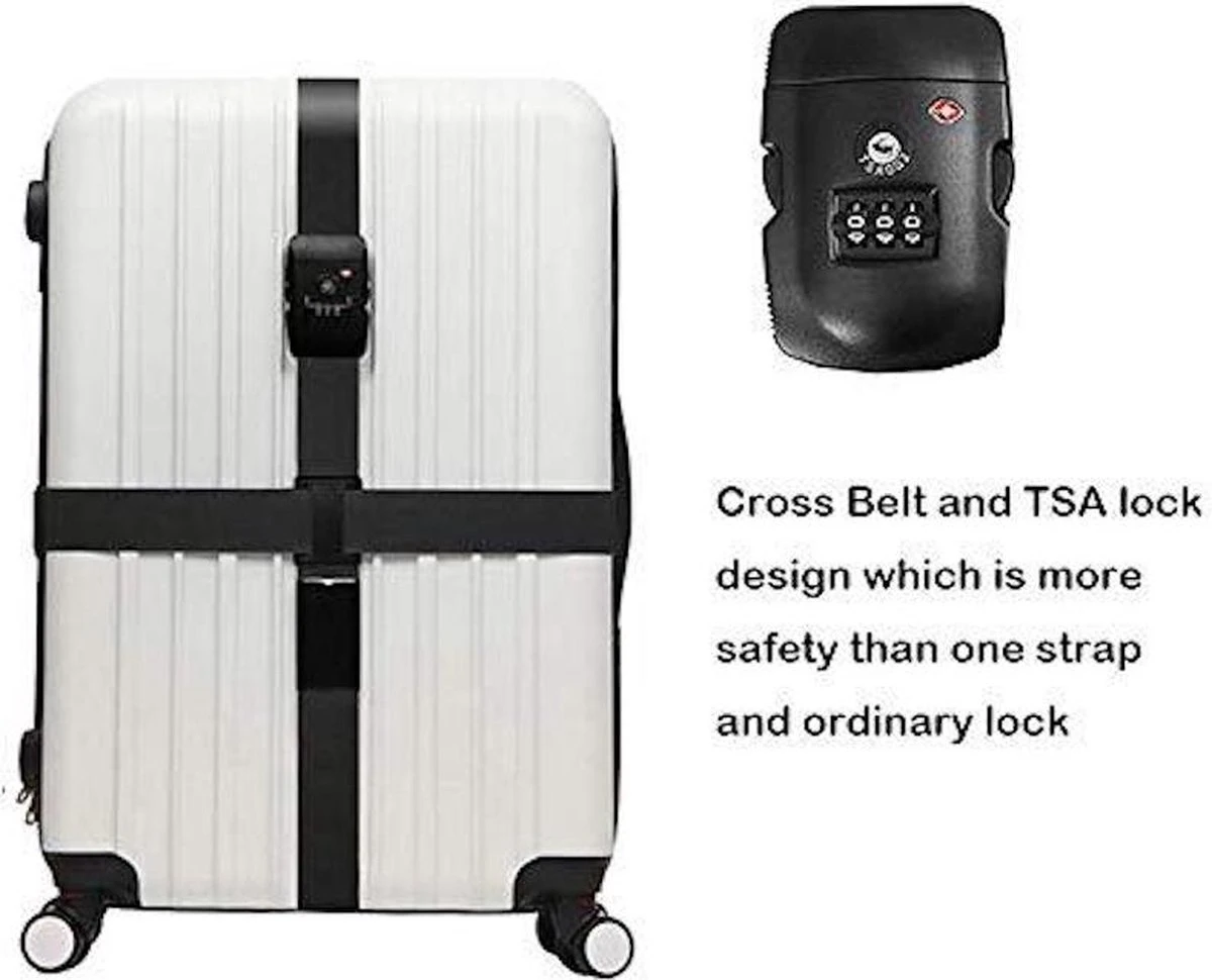 IBright Premium Dubbele Kofferriem Met TSA Cijferslot - 230CM - Zwart 2 IBright Premium Dubbele Kofferriem Met TSA Cijferslot - 230CM - Zwart - Afbeelding 2