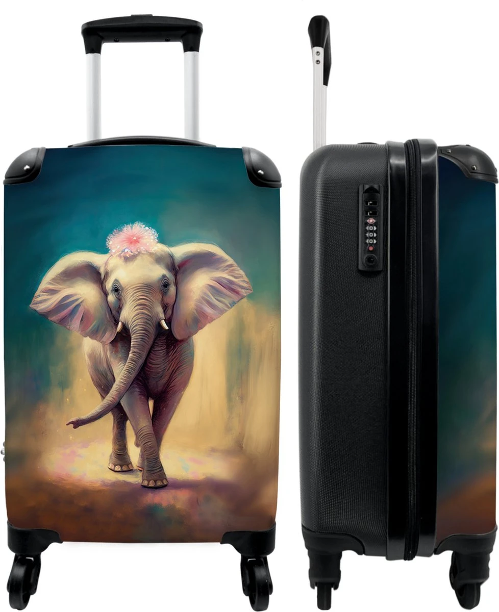 NoBoringSuitcases.com® Koffer - Handbagage Trolley - Olifant - Verf - Bloemen - Portret - Abstract - Reiskoffer Met Wielen - Past Binnen 55x40x20 Cm En 55x35x25 Cm - Koffertje - Fotokoffer