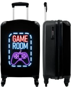 NoBoringSuitcases.com® Koffer - Trolley Op Wieltjes - Neon - Game Room - Tekst - Controller - Zwart - Reiskoffer - Past Binnen 55x40x20 Cm En 55x35x25 Cm - Koffertje - Trolley Handbagage
