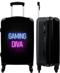 NoBoringSuitcases.com® Koffer Groot - Gaming - Quotes - Neon - Gaming Diva - Vrouwen - Trolley Koffer Met TSA-slot - Met Wielen - 90 Liter - Reiskoffer - 66 Cm
