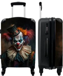 NoBoringSuitcases.com® Koffer Groot - Clown - Hoed - Kraag - Portret - Killer Clown - Trolley Koffer Met TSA-slot - Met Wielen - 90 Liter - Reiskoffer - 66 Cm