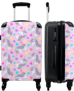 NoBoringSuitcases.com® Koffer Groot - Eenhoorn - Meisje - Patroon - Hartje - Trolley Koffer Met TSA-slot - Met Wielen - 90 Liter - Reiskoffer - 66 Cm