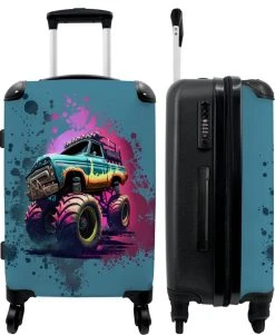 NoBoringSuitcases.com® Koffer Groot - Monstertruck - Verf - Graffiti - Roze - Neon - Trolley Koffer Met TSA-slot - Met Wielen - 90 Liter - Reiskoffer - 66 Cm